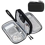 Compact travel electronics organizer case with zippered compartments for cables, chargers, earbuds, memory cards, and small travel accessories.